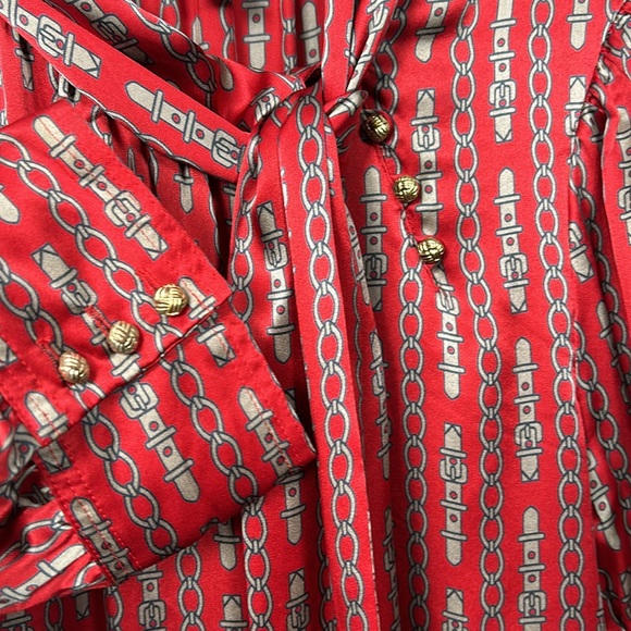 BANANA REPUBLIC Women’s Red Silver Chain silk blouse with front tie M vtg - Picture 7 of 13
